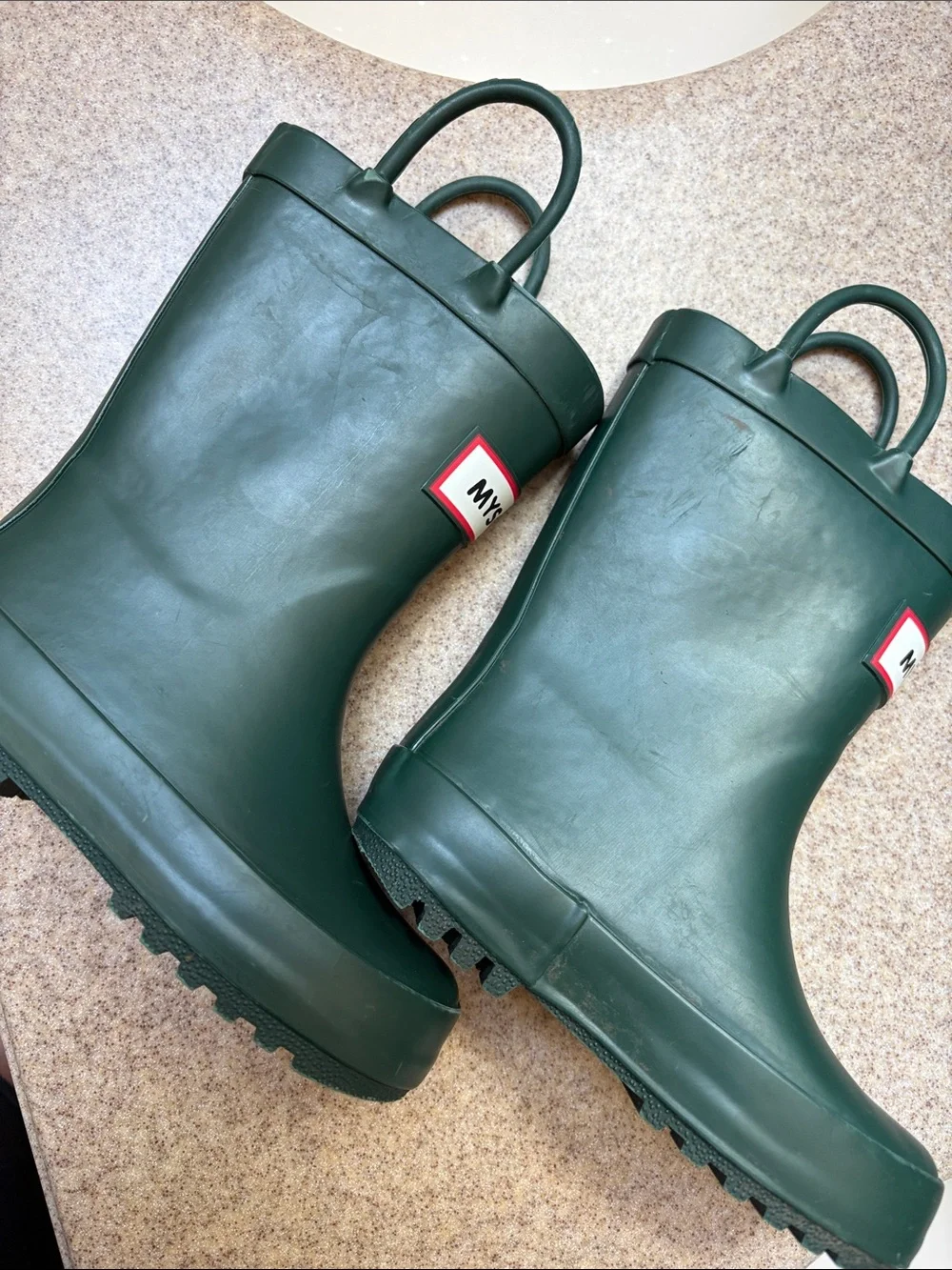 MMS Design Studio Dark Green Kids Rain Boots with Red-Trimmed Logo